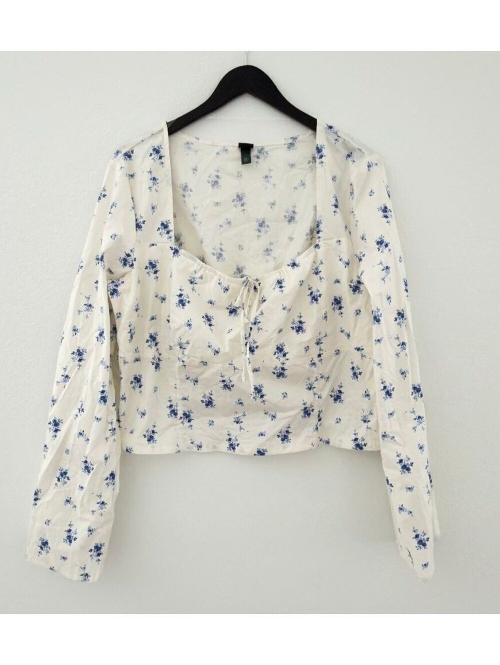 Wild Fable Cream & Blue Floral Long Sleeve Cotton Milkmaid Blouse Size XXL